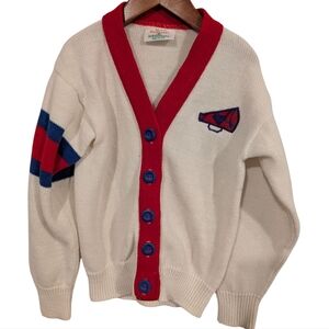 Vintage White Cardigan Sweater with Red Trim and Blue Accents